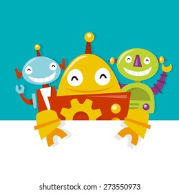 A cartoon vector illustration of a group of happy retro robots doing a peekaboo behind a white blank sign. This illustration is perfect for banner or advertisements project.