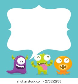 A cartoon vector illustration of a group of happy silly cute monsters with a bubble message copy space.