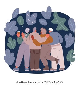 Cartoon vector illustration of Group of hugging friends rear view. Friendship and support. Friends together. Rear view over dark background