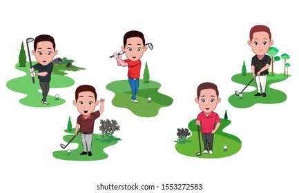 
cartoon vector illustration of a group of a man posing for a sport of golf with five different poses, steady, hit, holding hands. Isolated on white background.