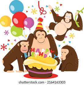 A cartoon vector illustration of a group of monkeys having a birthday party.