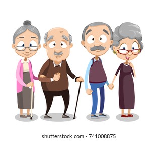 Cartoon vector illustration of group of old people. Happy elderly friends. Grandmother and grandfather friends retirement