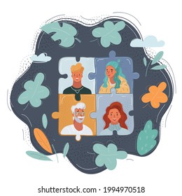 Cartoon vector illustration of Group of people assembling jigsaw puzzle. Team support and help concept, family or friends together on dak background.