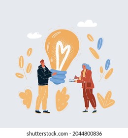 Cartoon vector illustration of Group of people working around lightbulb - solving problems, make startup. Creativite people with light bulb on white backround.