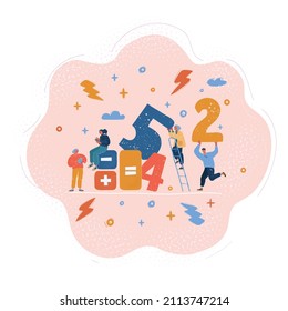 Cartoon vector illustration of group of people make calculation. Tiny people with big numbers.
