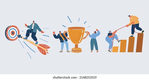 Cartoon vector illustration of group of people. Man fly on arrow to target. Team with big cup.
