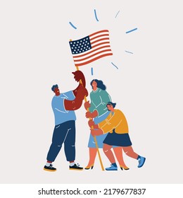 Cartoon vector illustration of Group of People Waving American Flags over blue sky