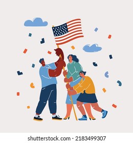 Cartoon vector illustration of Group of People Waving American Flags