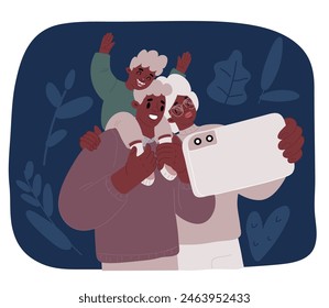 Cartoon vector illustration of Group portrait of happy african american multi generation family. Black family taking selfie with smartphone. They take a photo on phone over dark backround