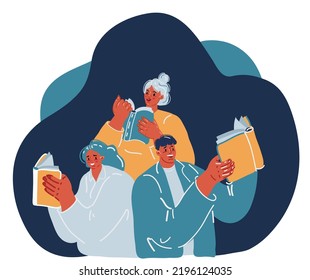 Cartoon vector illustration of group of reading people over dark backround