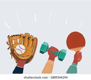 Cartoon vector illustration of group of sport equipment in human hands. Object on white background. Baseball, dumbel, ping pong