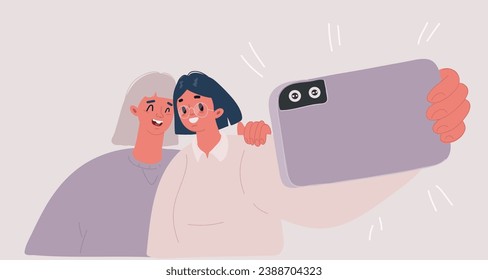 Cartoon vector illustration of Group of two friends taking a photo with a smartphone. Taking a selfie. Friendship concept.