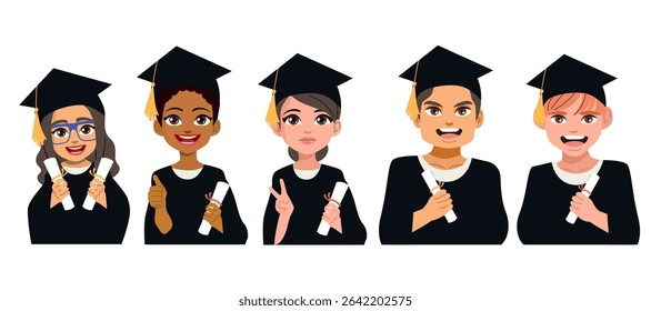 Cartoon vector illustration of a group of young graduates celebrating their graduation day, holding diplomas and smiling vector illustration. Drawing for education, celebration and teenagers life even