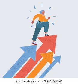 Cartoon vector illustration of growth, career, woman rise up her success