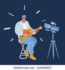 Cartoon vector illustration of guitarist make video for his chanel blog broadcast over dark background.