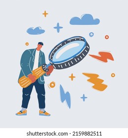 Cartoon vector illustration of guy with the big magnifying glass