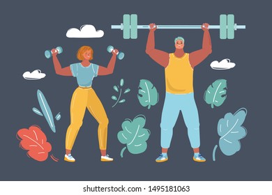 Cartoon vector illustration of Guy and girl hold in dumbbell in hands.