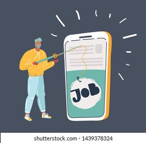 Cartoon vector illustration of guy looking at his phone and try find a job in web. Human character with rod on dark background.