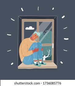 Cartoon Vektorgrafik eines Typen, der auf dem Fenster sitzt und weint. Trauriger depressiver Mann, der auf dem Fensterbrett saß und nachts seine Knie umarmte.