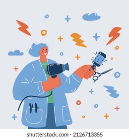 Cartoon vector illustration of Hairdresser hold fan and brush