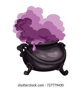 Cartoon Vector Illustration of a Halloween Calderon with Magic Purple Potion Boiling Inside. Witch Pot Isolated on White Background