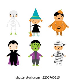 Cartoon vector illustration of Halloween characters. Witch, Skeleton, Pumpkin, Dracula, Zombie, Mummy