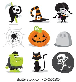 A cartoon vector illustration of halloween characters and objects.