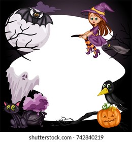 Cartoon Vector Illustration of a Halloween Frame. Beautiful Witch Sitting on a Broom, Bat, Ghost, Black Cat, Jack a Lantern and Poison Cauldron