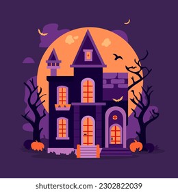 A cartoon vector illustration of halloween haunted house in purple and orange tone