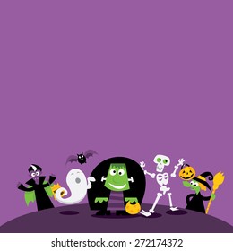A cartoon vector illustration of halloween monsters copy space.