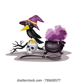 Cartoon Vector Illustration of a Halloween Scene. Cute Black Raven Standing on a Skull with a Witch Hat, Pot and Broom