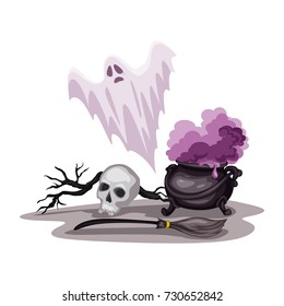 Cartoon Vector Illustration of a Halloween Scene. Ghost, Skull, Witch Pot and Broom