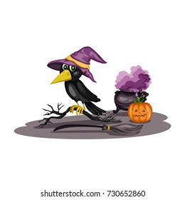 Cartoon Vector Illustration of a Halloween Scene. Cute Black Raven with a Witch Hat, Pot, Broom and Jack o' Lantern
