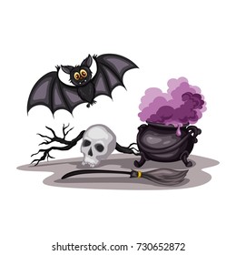 Cartoon Vector Illustration of a Halloween Scene. Cute Black Bat  with a Skull, Witch Pot and Broom