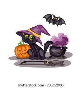 Cartoon Vector Illustration of a Halloween Scene. Cute Black Cat and BAt with a Witch Hat, Pot, Broom and Jack o' Lantern