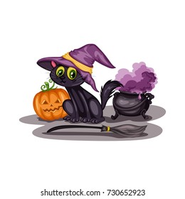 Cartoon Vector Illustration of a Halloween Scene. Cute Black Cat with a Witch Hat, Pot, Broom and Jack o' Lantern