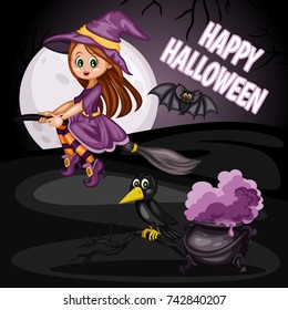 Cartoon Vector Illustration of a Halloween Scene. Beautiful Witch Sitting on a Broom, Raven and Poison Cauldron