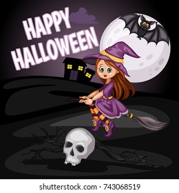 Cartoon Vector Illustration of a Halloween Scene. Beautiful Witch Sitting on a Broom,  Bat on the Moon and Skull