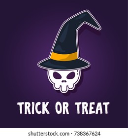 Cartoon vector illustration of halloween skull in witch hat. Card, banner, invitation template with sticker witch skull