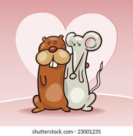 cartoon vector illustration of hamster and mouse couple in love