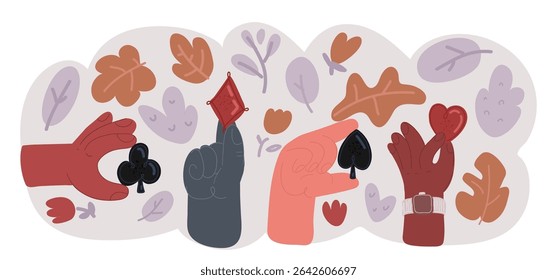 Ilustração vetorial de desenho animado de Mão com ás jogando cartas fã. Vintage gravura desenho estilizado.
