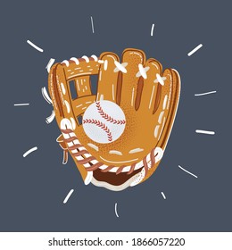 Cartoon vector illustration of hand in baseball glove and ball in it. Object on dark background.