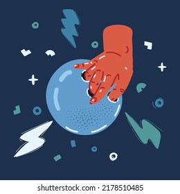 Cartoon vector illustration of hand with bowling balls over dark backround