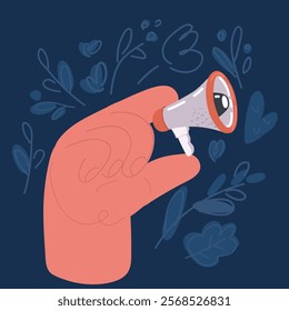 Cartoon vector illustration of Hand of cman holding megaphone over dark backround