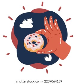 Cartoon vector illustration of Hand with a donut over dark background