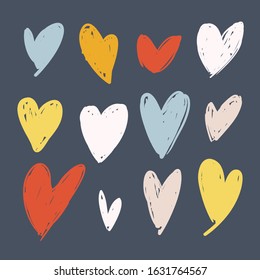 Cartoon vector illustration of Hand drawn doodle hearts set on dark background