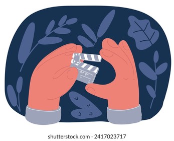 Cartoon, Vektorgrafik von Hand gezeichneter Skizze mit Filmklappbrett auf dunklem Hintergrund