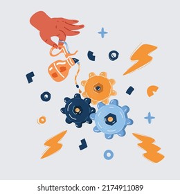 Cartoon vector illustration of Hand engineer lubricating gears. Repair of equipment. Work mechanism.