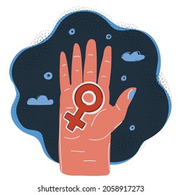 Cartoon vector illustration of Hand with female symbol on it on dark backround.