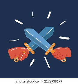 Cartoon vector illustration of Hand fighting by sword over dark backround
